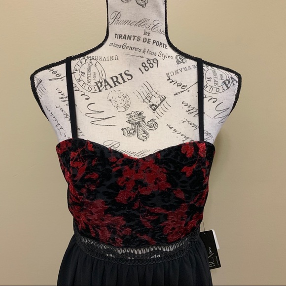 BCX Black & Red Velvet Chiffon Sweetheart Dress Size 7 - Picture 4 of 10